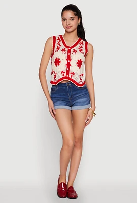 Womens Floral Pattern Crochet Vest, Red, Size S