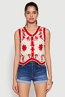 Womens Floral Pattern Crochet Vest, Red, Size S