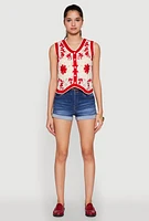 Womens Floral Pattern Crochet Vest, Red, Size S