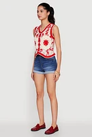 Womens Floral Pattern Crochet Vest, Red, Size L