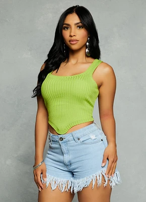 Womens Ribbed Hanky Hem Cropped Tank Top, Green, Size S