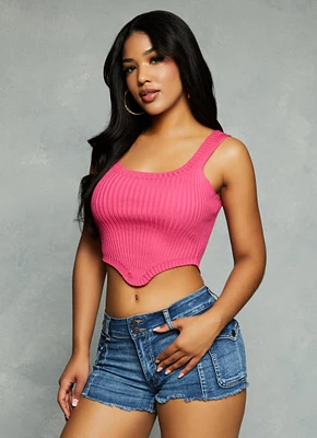 Womens Ribbed Hanky Hem Cropped Tank Top, Pink, Size XS