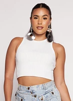 Womens Ribbed Knit High Neck Cropped Tank Top, White, Size S