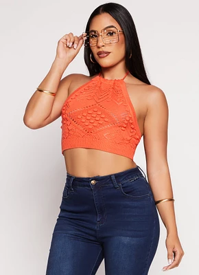 Womens Crochet Cropped Halter Top, Orange, Size XS