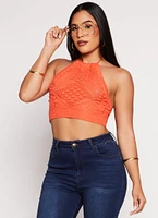 Womens Crochet Cropped Halter Top, Orange, Size XS