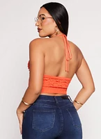 Womens Crochet Cropped Halter Top, Orange, Size XS