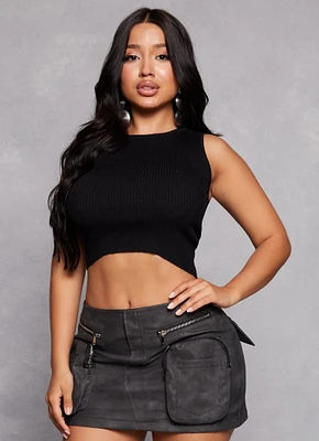 Womens Ribbed Knit Crew Neck Cropped Tank Top, Black, Size S