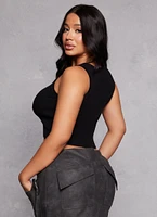 Womens Ribbed Knit Crew Neck Cropped Tank Top, Black, Size S
