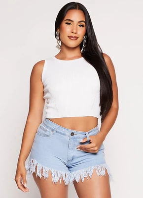 Womens Ribbed Knit Crew Neck Cropped Tank Top, White, Size XS