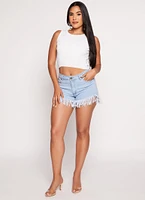 Womens Ribbed Knit Crew Neck Cropped Tank Top, White, Size XS