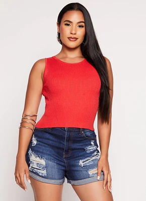 Womens Ribbed Knit Crew Neck Cropped Tank Top, Red,