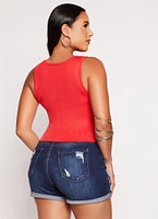 Womens Ribbed Knit Crew Neck Cropped Tank Top, Red, Size S