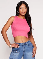 Womens Ribbed Knit Crew Neck Cropped Tank Top, Pink, Size M