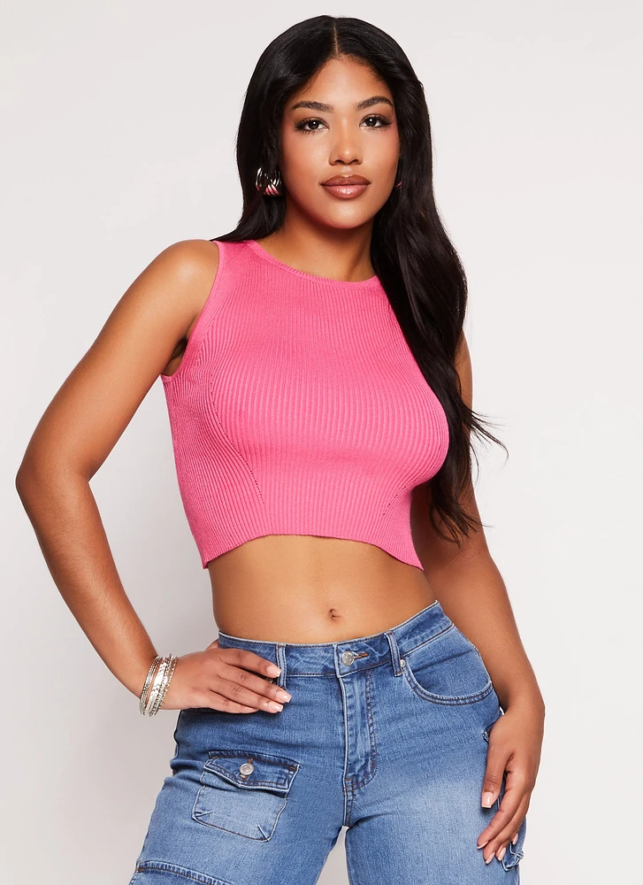 Womens Ribbed Knit Crew Neck Cropped Tank Top,