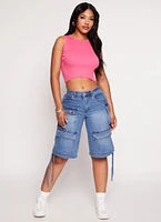 Womens Ribbed Knit Crew Neck Cropped Tank Top, Pink, Size M
