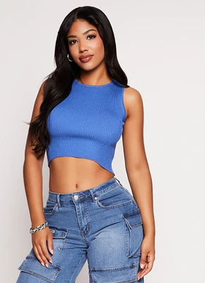 Womens Ribbed Knit Crew Neck Cropped Tank Top, Blue, Size XS