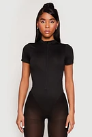 Womens Zip Front Mock Neck Bodysuit, Black, Size S