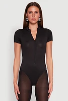 Womens Zip Front Mock Neck Bodysuit,
