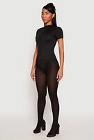 Womens Zip Front Mock Neck Bodysuit, Black, Size S