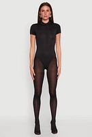 Womens Zip Front Mock Neck Bodysuit,