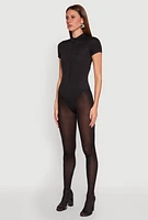 Womens Zip Front Mock Neck Bodysuit,