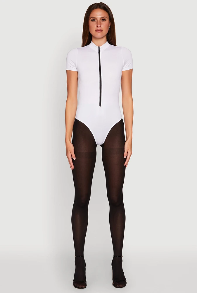 Womens Zip Front Mock Neck Bodysuit, White, Size XL