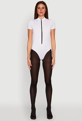 Womens Zip Front Mock Neck Bodysuit, White, Size XL