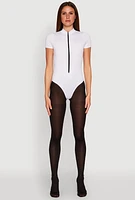 Womens Zip Front Mock Neck Bodysuit, White, Size XL