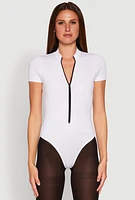 Womens Zip Front Mock Neck Bodysuit, White, Size XL