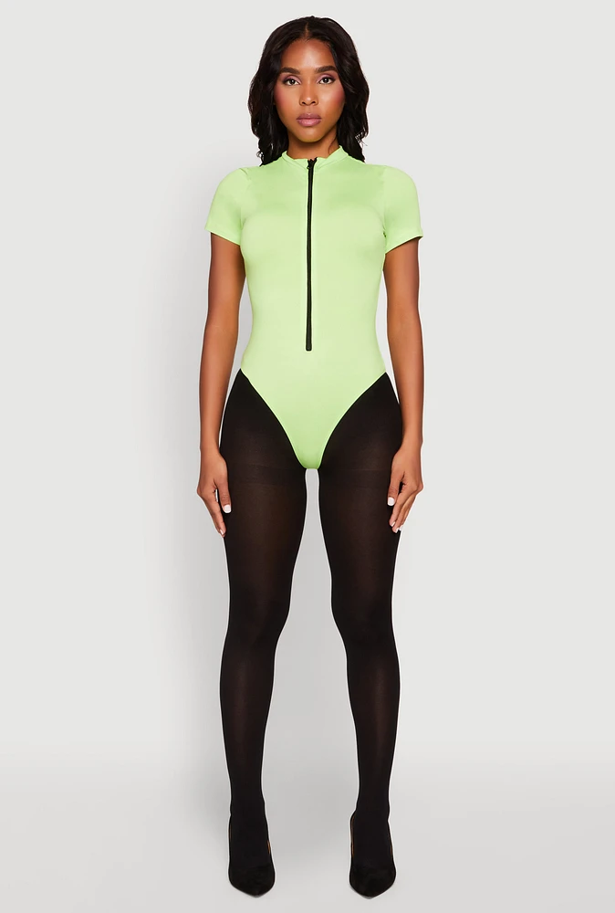 Womens Zip Front Mock Neck Bodysuit, Green,