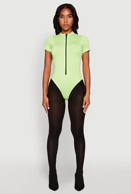 Womens Zip Front Mock Neck Bodysuit, Green,