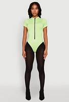Womens Zip Front Mock Neck Bodysuit, Green,