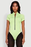 Womens Zip Front Mock Neck Bodysuit, Green,