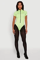 Womens Zip Front Mock Neck Bodysuit, Green,