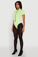 Womens Zip Front Mock Neck Bodysuit, Green,