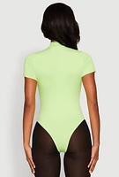 Womens Zip Front Mock Neck Bodysuit, Green,