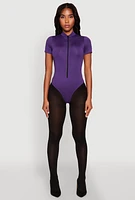 Womens Zip Front Mock Neck Bodysuit, Purple,