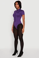 Womens Zip Front Mock Neck Bodysuit, Purple,