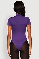 Womens Zip Front Mock Neck Bodysuit, Purple,