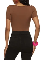 Womens Daisy Short Sleeve Scoop Bodysuit, Brown, Size M