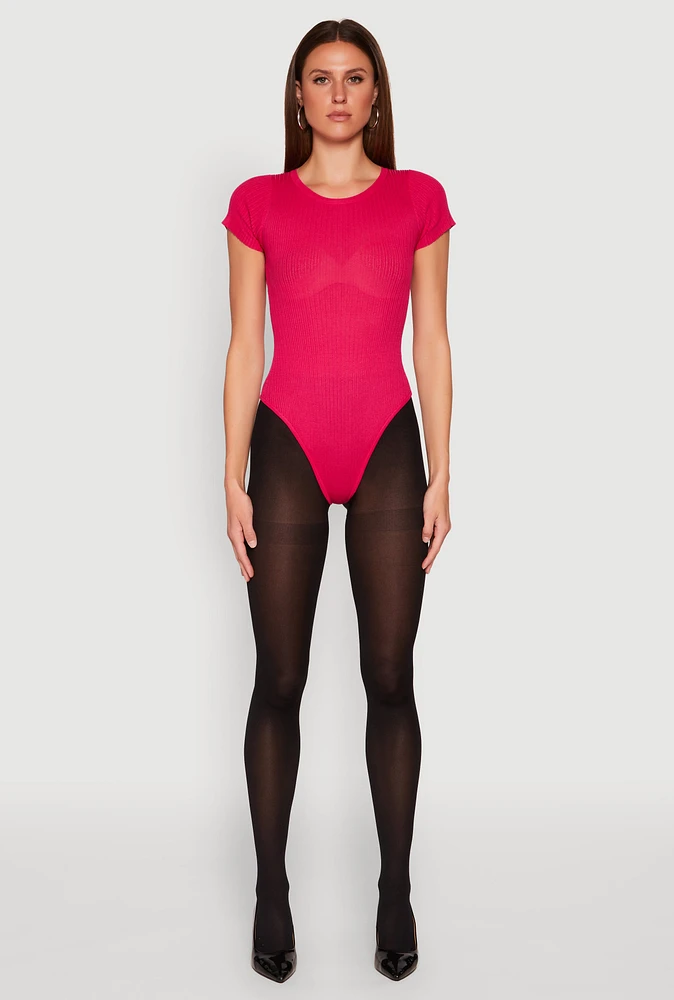 Womens Daisy Rib Knit Crew Neck Bodysuit, Pink, Size S