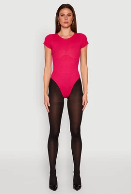Womens Daisy Rib Knit Crew Neck Bodysuit, Pink, Size S