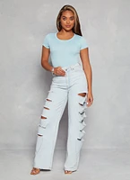Womens Daisy Basic Crew Neck Short Sleeve Bodysuit, Blue, Size L