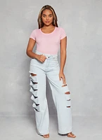 Womens Daisy Basic Crew Neck Short Sleeve Bodysuit, Pink, Size S