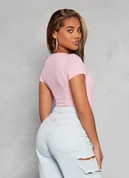 Womens Daisy Basic Crew Neck Short Sleeve Bodysuit, Pink, Size S