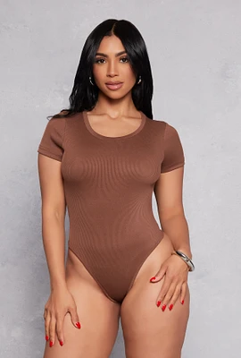 Womens Daisy Basic Crew Neck Short Sleeve Bodysuit, Brown, Size S