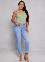 Womens Daisy Ribbed Knit Tank Bodysuit, Green, Size S