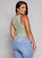 Womens Daisy Ribbed Knit Tank Bodysuit, Green, Size S
