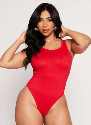 Womens Daisy Ribbed Knit Tank Bodysuit, Red, Size L