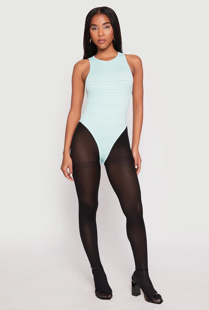 Womens Seamless Ribbed Knit Greek Key Bodysuit,